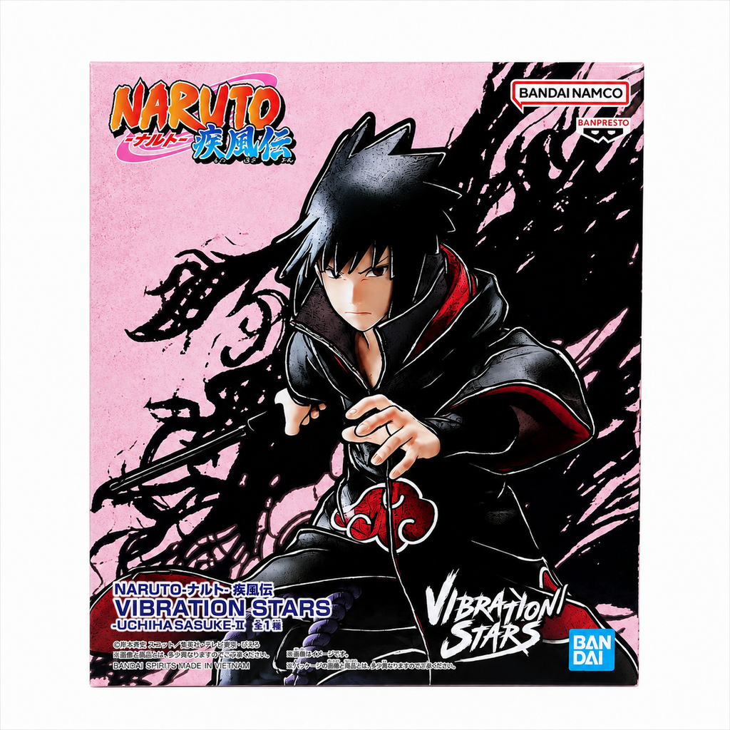 NARUTO Shippuden Vibration Stars Uchiha Sasuke II figure box top and side angled view showing pink cherry blossom background with Sasuke crouching pose and Akatsuki ring grip, black brush stroke calligraphy, Bandai Namco Banpresto collectible
