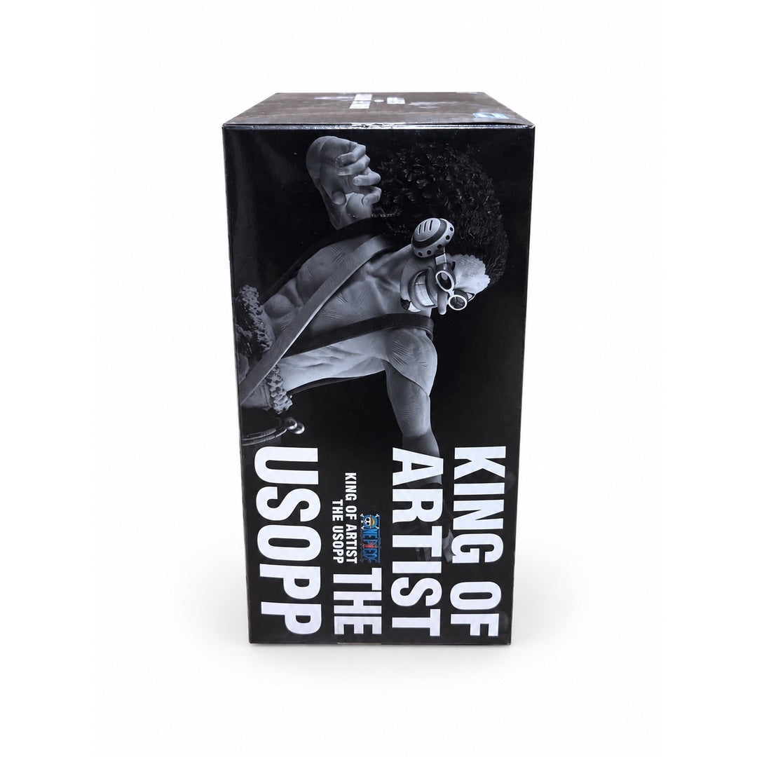 Side panel of the KING OF ARTIST THE USOPP box featuring a grayscale image of Usopp's face, goggles, and upper body.