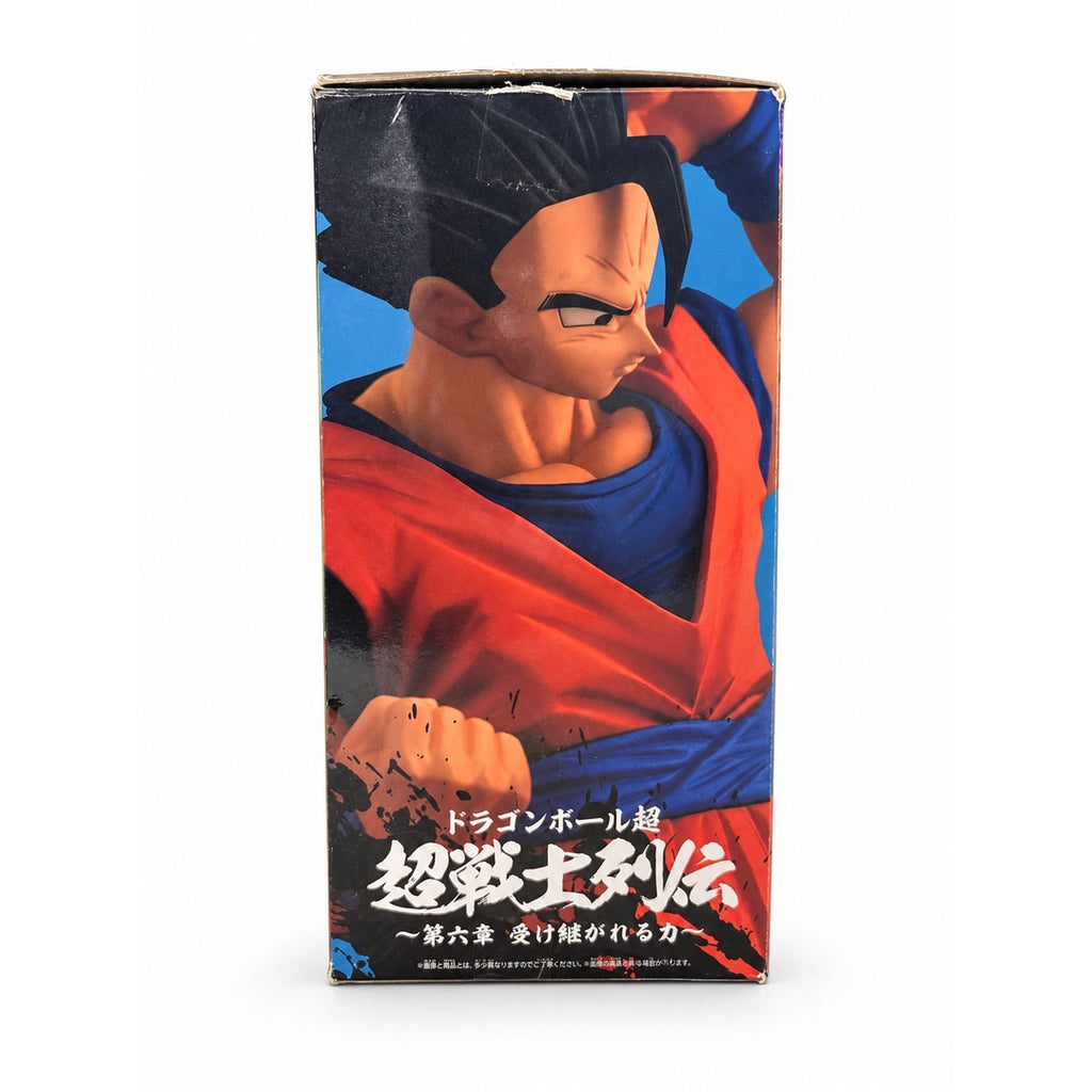 Side panel of the Son Gohan figure box showing his upper body, raised fist, orange gi, and blue belt.