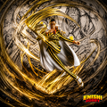 Borsalino Kizaru ONE PIECE Battle Record Collection figure unleashing Pika Pika no Mi light speed kick surrounded by swirling golden laser energy against dramatic manga panel vortex background, Banpresto Bandai Namco collectible, ENISHI HOBBY
