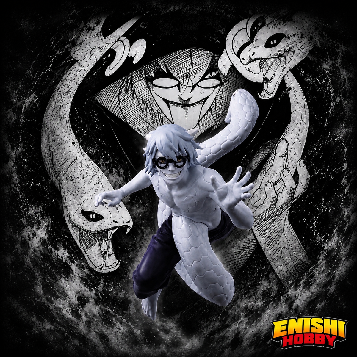 Yakushi Kabuto NARUTO Shippuden Vibration Stars figure in Orochimaru-merged serpent sage form lunging forward with sinister grin, grey scaly skin, round glasses, against black and white manga panel background with two large coiled cobras flanking giant Kabuto face, ENISHI HOBBY
