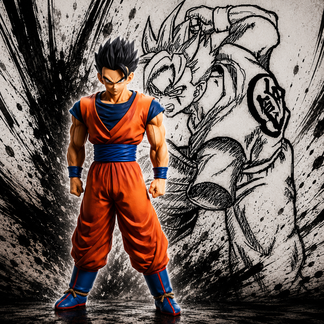 Dragon Ball Z Grandista Son Gohan #2 Resolution of Soldiers Figure full body side angle with manga sketch background – Banpresto
