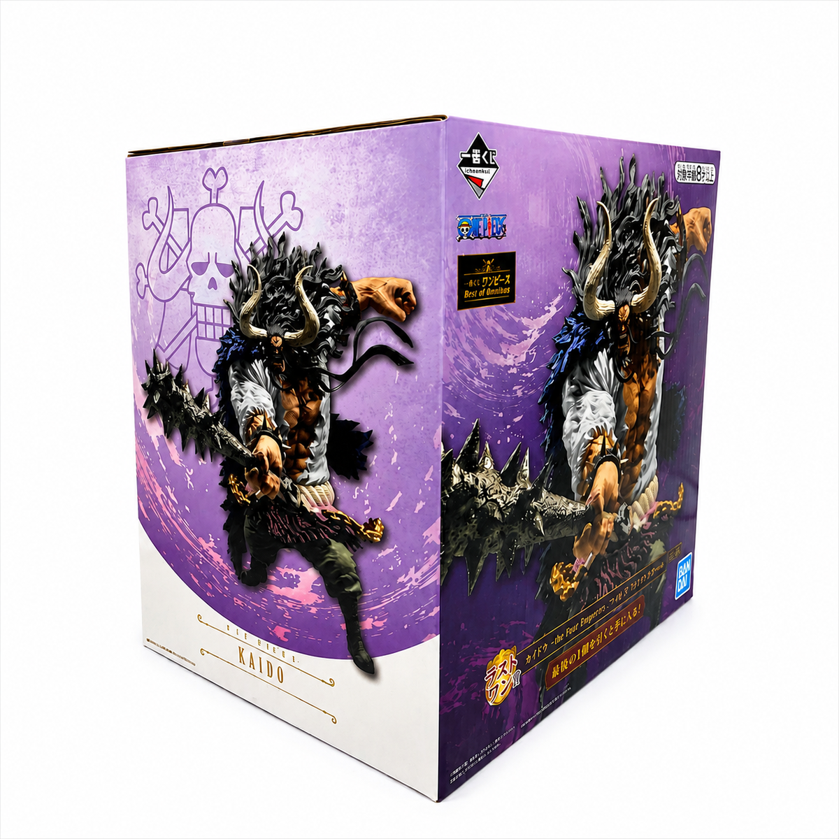 Ichiban Kuji ONE PIECE Best of Omnibus Kaido Last One Prize figure box side showing figure sculpt in battle stance with Kanabo and dark aura, Bandai Namco Banpresto
