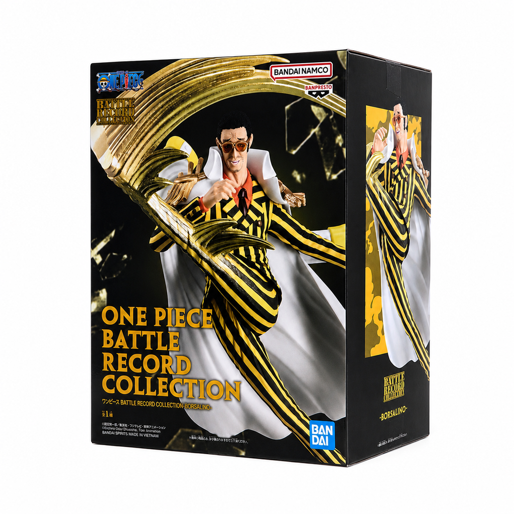 ONE PIECE Battle Record Collection Borsalino Kizaru figure box angled view showing side panel with close-up of golden light beam attack pose and yellow striped suit detail, Bandai Spirits
