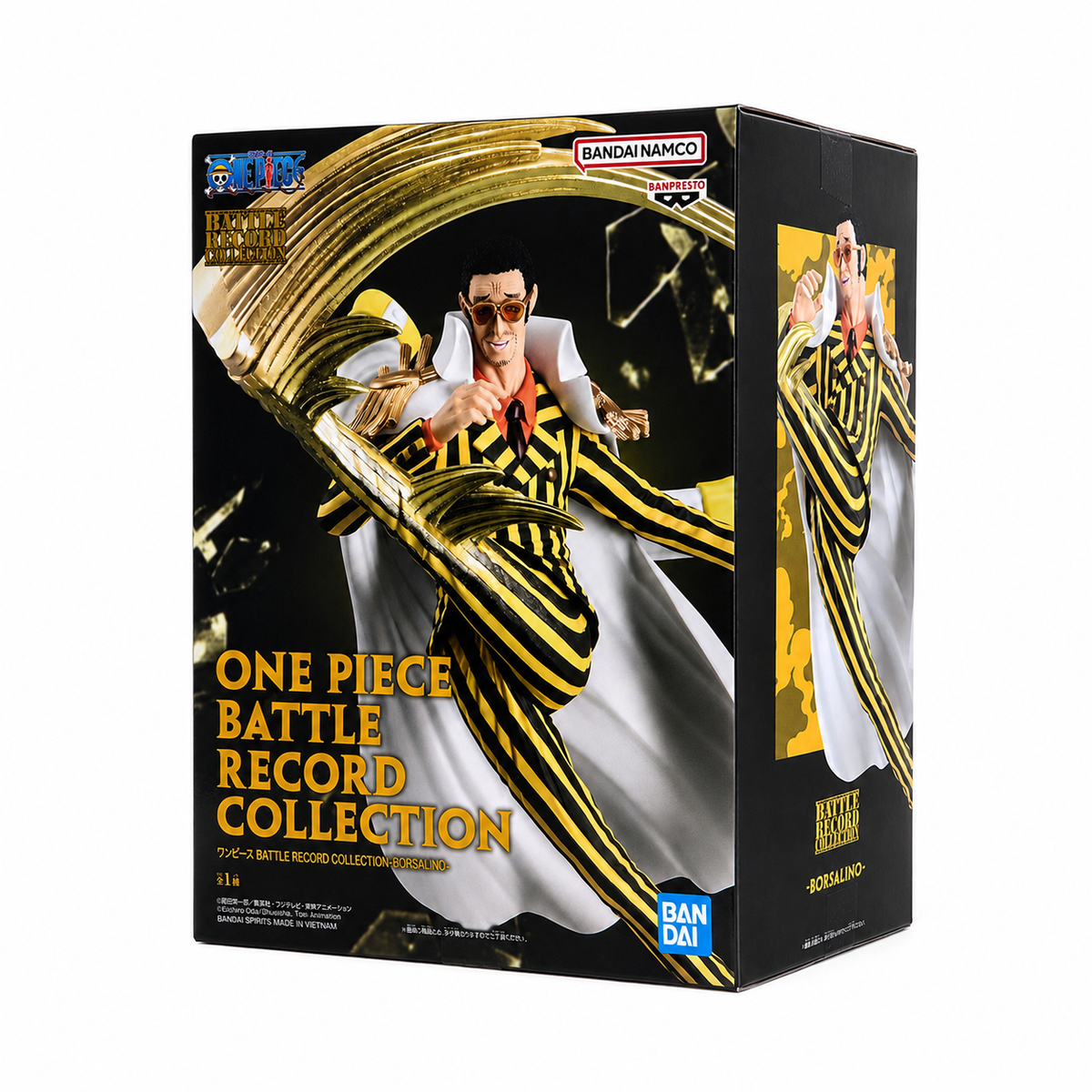 ONE PIECE Battle Record Collection Borsalino Kizaru figure box angled view showing side panel with close-up of golden light beam attack pose and yellow striped suit detail, Bandai Spirits
