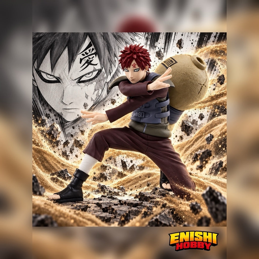 NARUTO Shippuden Gaara figure in a battle pose with swirling sand effects, manga-style artwork, and the ENISHI HOBBY logo.