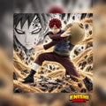 NARUTO Shippuden Gaara figure in a battle pose with swirling sand effects, manga-style artwork, and the ENISHI HOBBY logo.