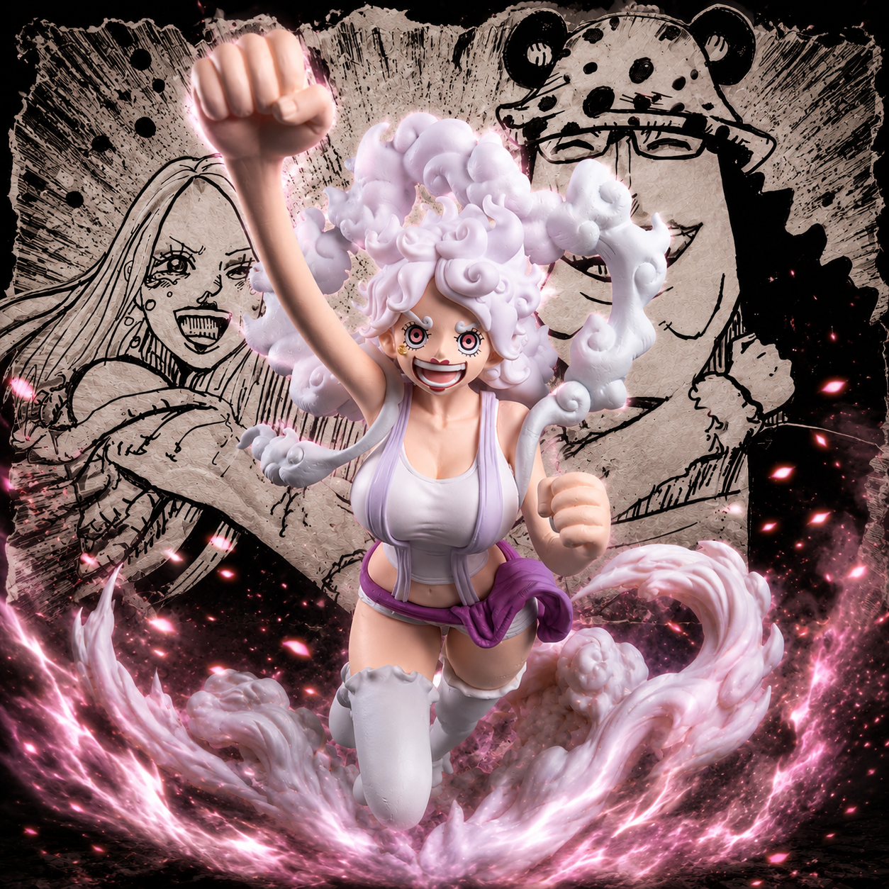 Jewelry Bonney The Most Free Future Figure with pink energy effect and manga background – One Piece King of Artist Banpresto
