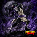 NARUTO Shippuden Orochimaru figure with a snake extending from his sleeve, against a purple serpent-themed background with the ENISHI HOBBY logo.