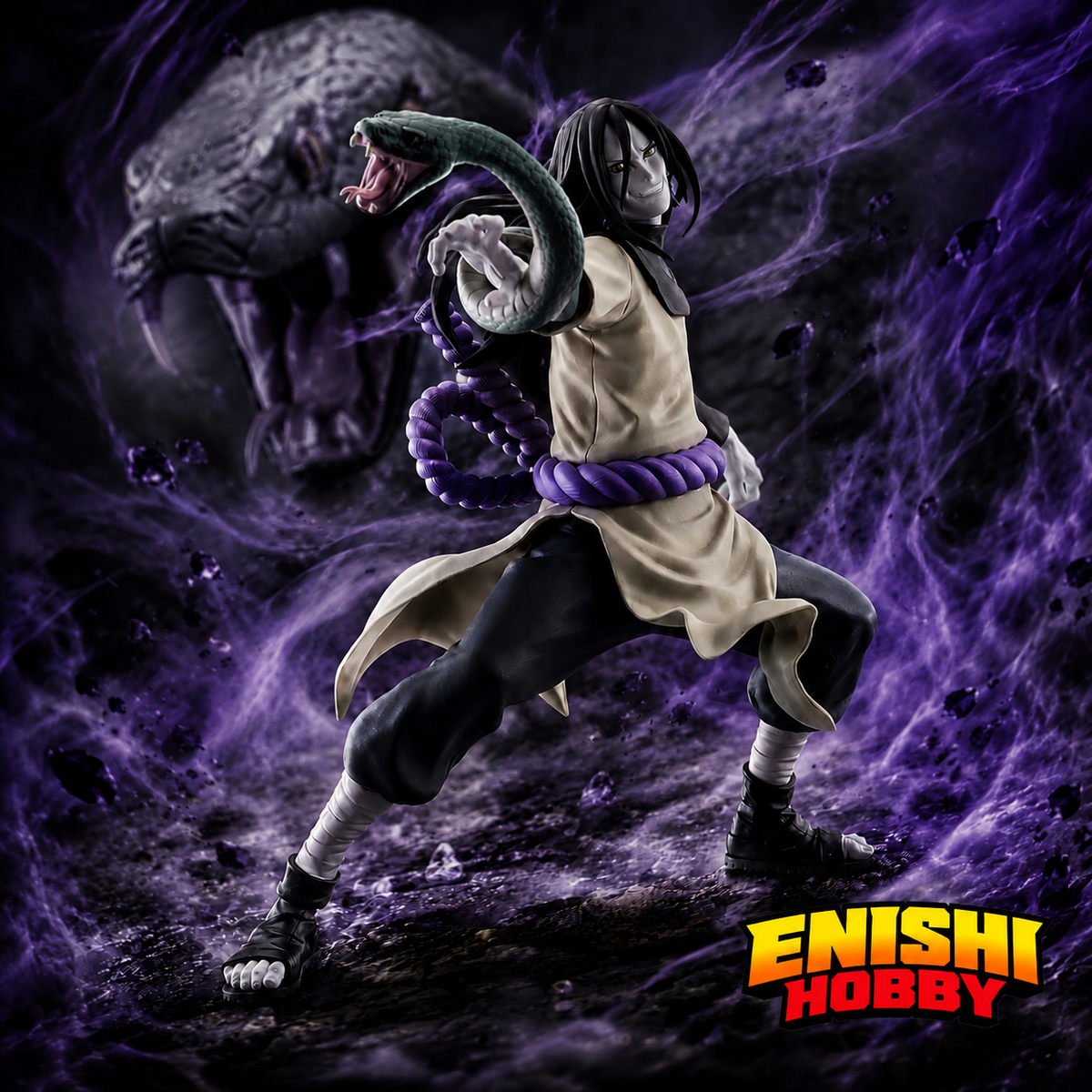 NARUTO Shippuden Orochimaru figure with a snake extending from his sleeve, against a purple serpent-themed background with the ENISHI HOBBY logo.