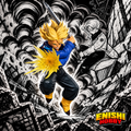Future Trunks Dragon Ball Z G×materia Super Saiyan figure leaping in battle with sword raised and golden energy burst at chest against black and white manga panel destroyed city ruins background, Banpresto Bandai Spirits collectible, ENISHI HOBBY
