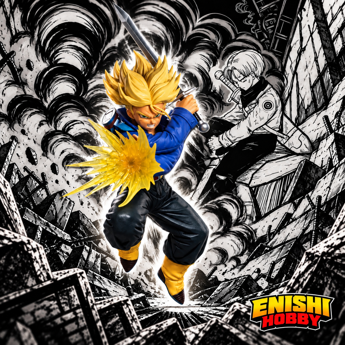Future Trunks Dragon Ball Z G×materia Super Saiyan figure leaping in battle with sword raised and golden energy burst at chest against black and white manga panel destroyed city ruins background, Banpresto Bandai Spirits collectible, ENISHI HOBBY
