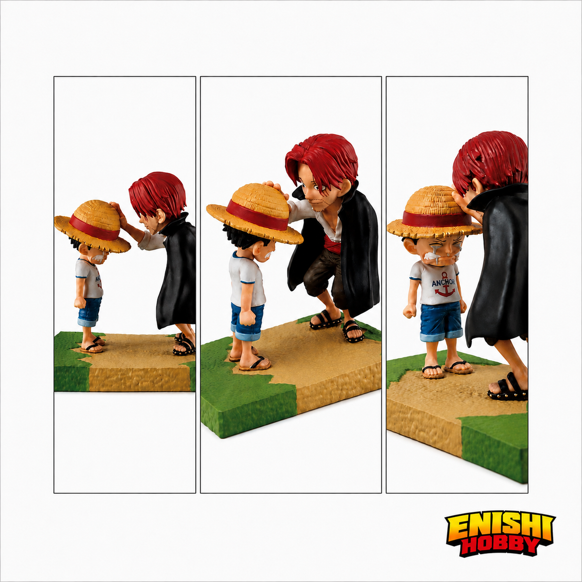 ONE PIECE WCF Log Stories young Luffy and Shanks diorama figure shown from rear, front, and close-up angles on white background revealing Anchor t-shirt detail and Shanks crouching pose, Banpresto World Collectable Figure, ENISHI HOBBY
