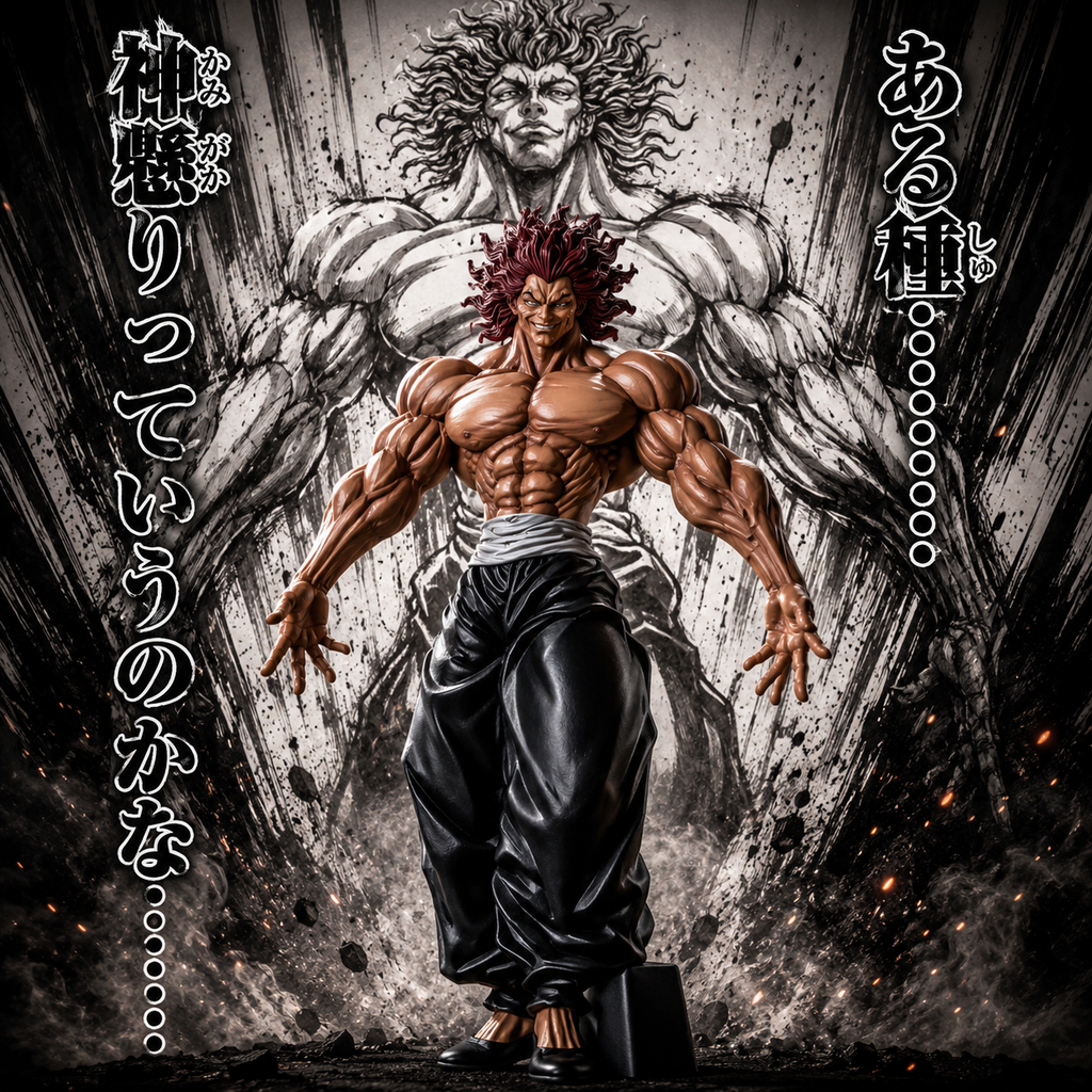 Yujiro Hanma collectible figure in walking pose with manga-style background art – Baki series
