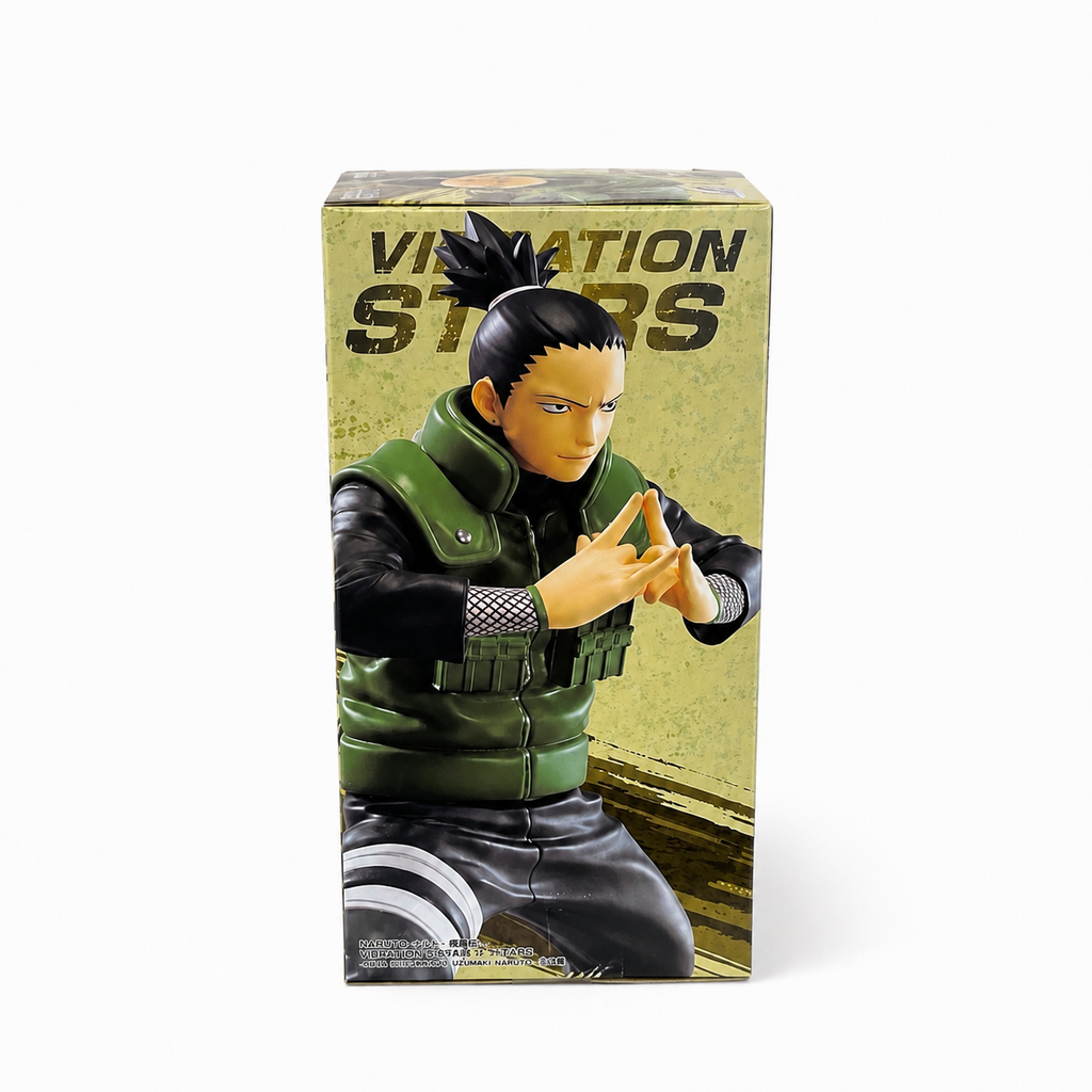 NARUTO Shippuden Vibration Stars Shikamaru Nara figure box side showing figure sculpt in Shadow Possession Jutsu pose, Bandai Spirits collectible
