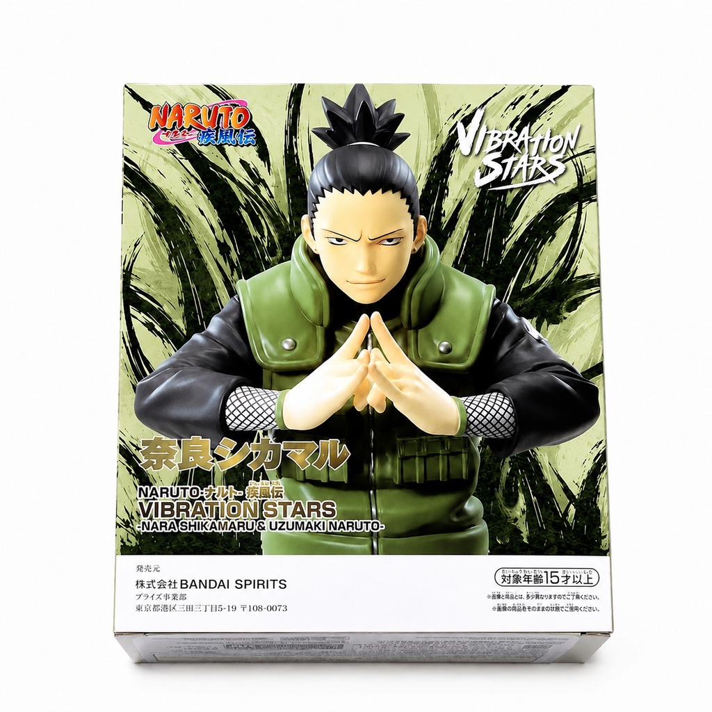 NARUTO Shippuden Vibration Stars Nara Shikamaru figure box top view showing character artwork and Bandai Spirits branding, ages 15 and up
