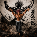 Yujiro Hanma figure arms spread wide with dramatic ink splash and fire background – Baki collectible
