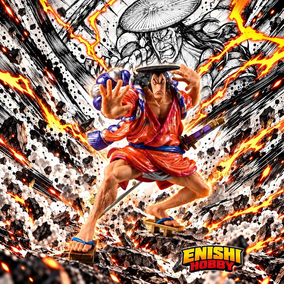 Kozuki Oden figure in a dramatic stance with orange lightning effects, manga-style artwork, and the ENISHI HOBBY logo.