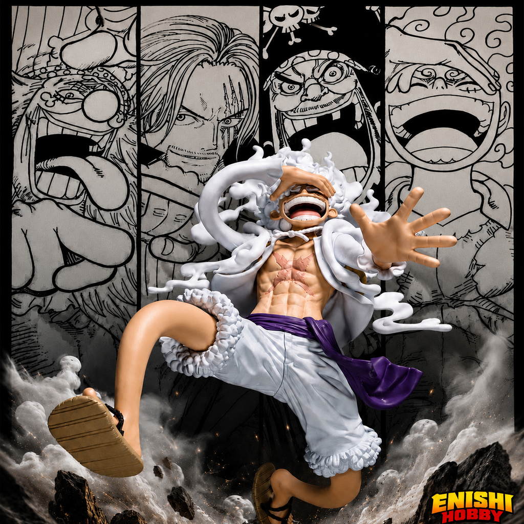 Monkey D. Luffy Gear 5 Grandista figure in explosive Sun God pose against manga panel background featuring Shanks and other ONE PIECE characters, Banpresto large-scale collectible, ENISHI HOBBY
