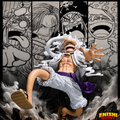 Monkey D. Luffy Gear 5 Grandista figure in explosive Sun God pose against manga panel background featuring Shanks and other ONE PIECE characters, Banpresto large-scale collectible, ENISHI HOBBY
