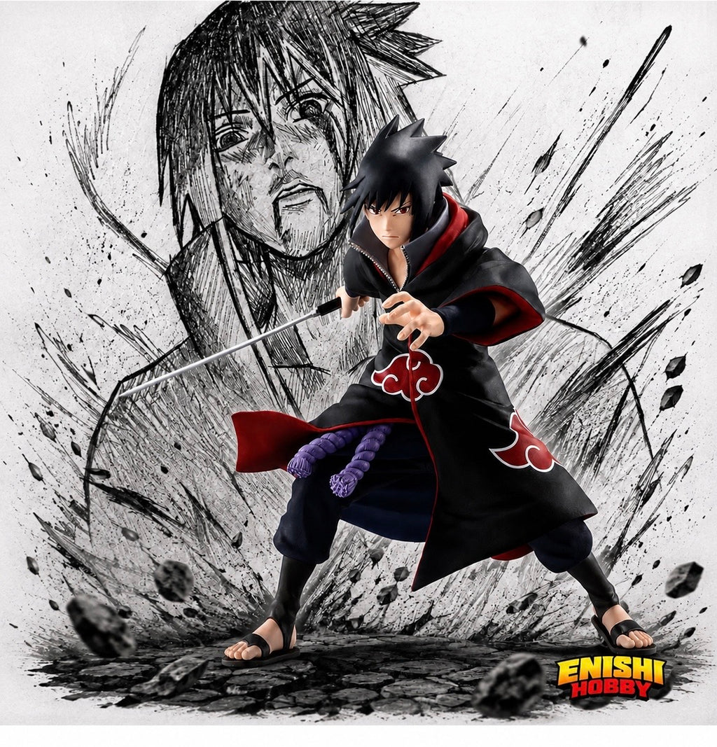 Uchiha Sasuke NARUTO Shippuden Vibration Stars II figure in Akatsuki black cloak battle stance wielding sword with outstretched hand against ink splatter manga
