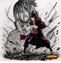 Uchiha Sasuke NARUTO Shippuden Vibration Stars II figure in Akatsuki black cloak battle stance wielding sword with outstretched hand against ink splatter manga
