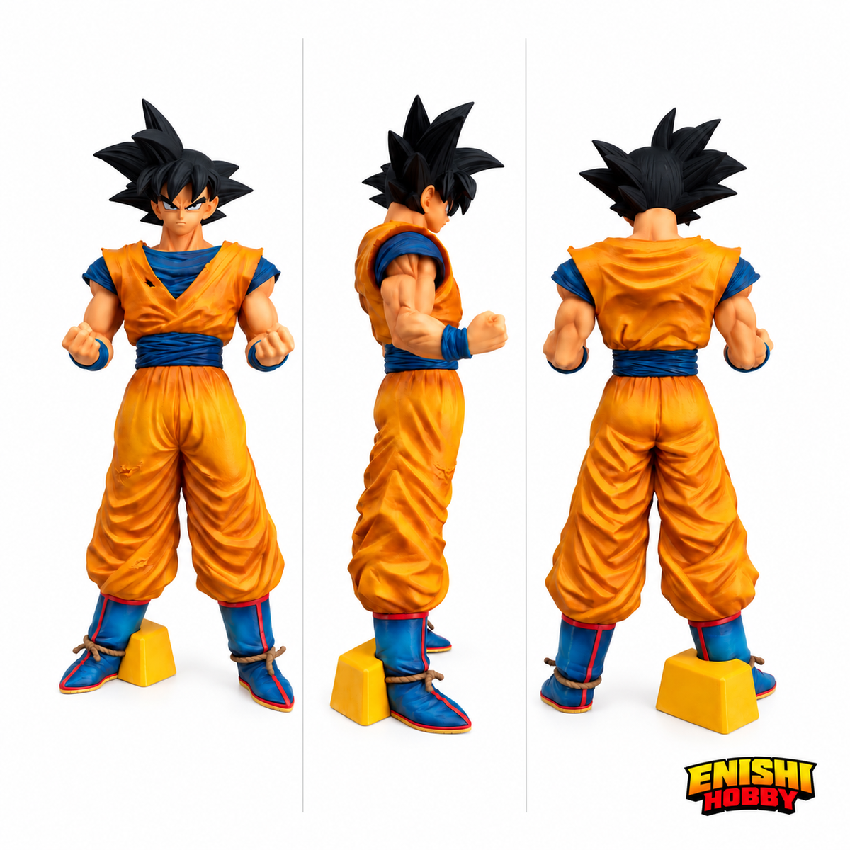 Dragon Ball Z Grandista Resolution of Soldiers Son Goku #2 figure shown from front, side, and rear on white background revealing orange gi battle damage tears, blue wristbands, and yellow display base detail, Banpresto collectible, ENISHI HOBBY
