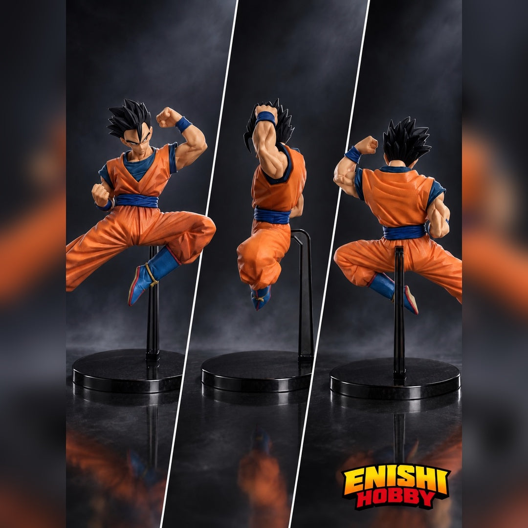Front, side, and rear views of the Banpresto Son Gohan figure in a midair fighting pose on a black display stand.