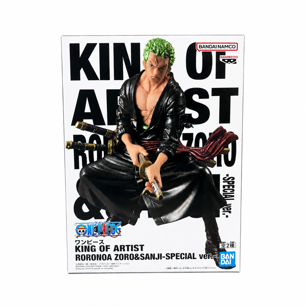 ONE PIECE King of Artist Roronoa Zoro & Sanji Special Ver. figure box front with bold King of Artist typography and Zoro seated figure, Bandai Namco Banpresto collectible

