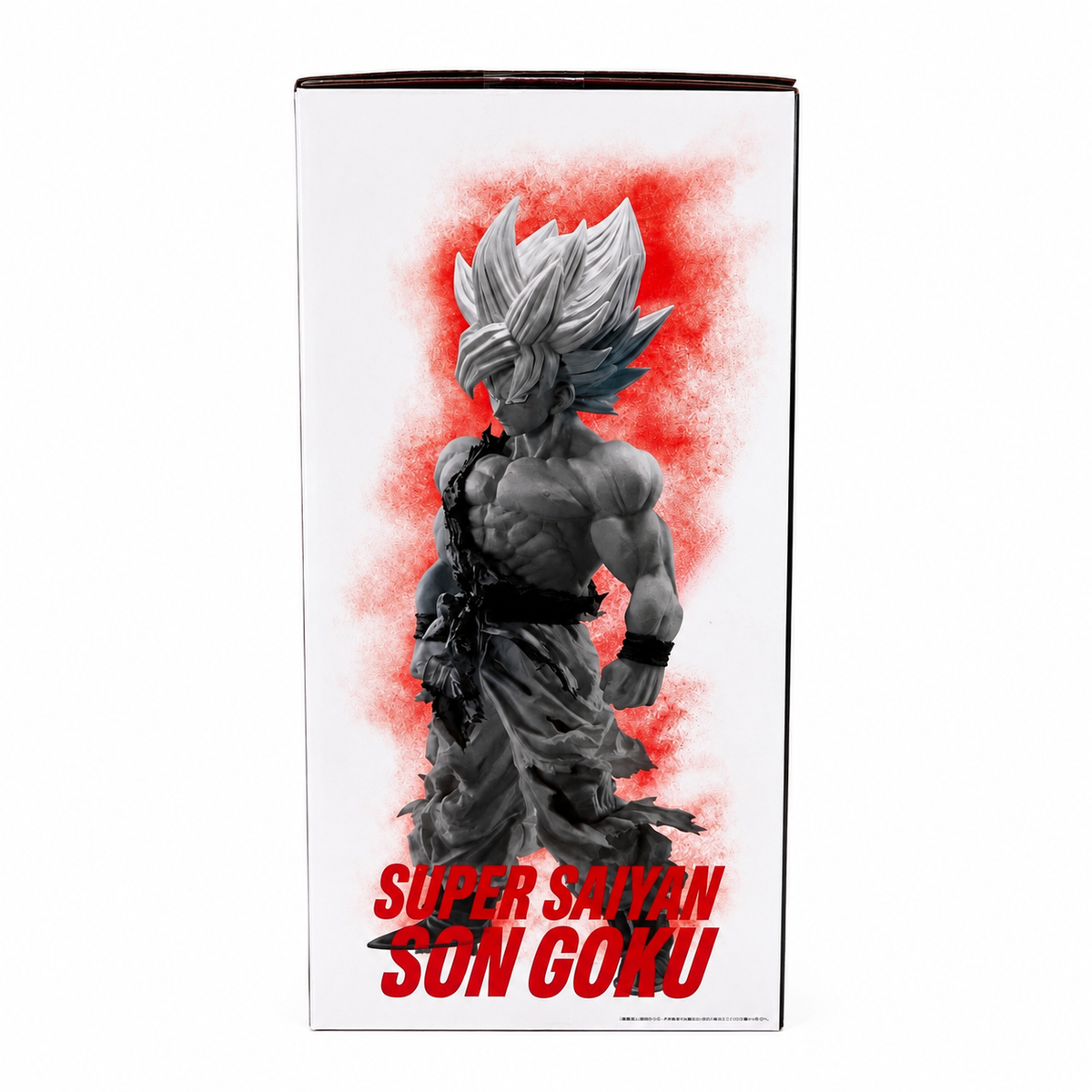 Dragon Ball Z Ichiban Kuji MASTERLISE Super Saiyan Son Goku Prize C figure box opposite side showing full color figure close-up with golden hair and intense determined expression surrounded by red lightning aura on black background, Bandai Spirits collectible
