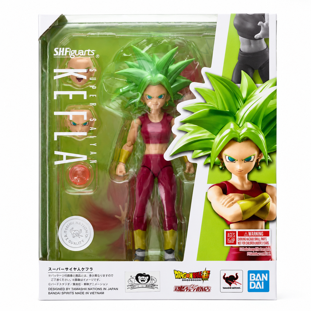 S.H.Figuarts Super Saiyan Kefla figure package front – Dragon Ball Super collectible with alternate face and hand parts, Bandai Spirits Tamashii Nations
