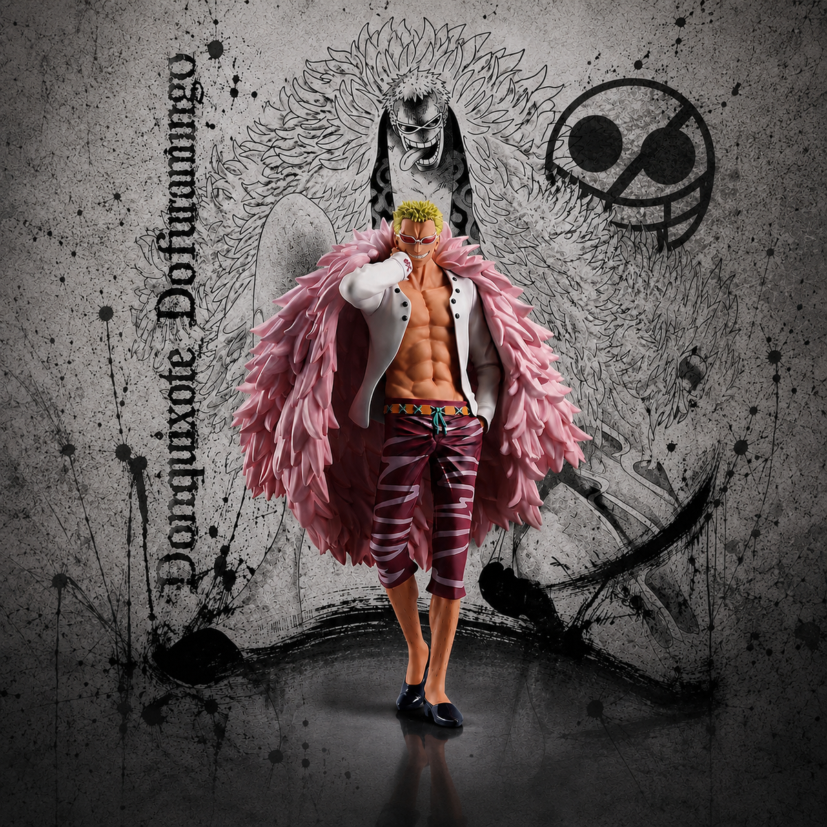 Donquixote Doflamingo Ichiban Kuji ONE PIECE MASTERLISE Prize D figure in commanding stance with pink feather coat, manga-style background with Heavenly Demon silhouette and Donquixote Pirates symbol, Bandai Namco collectible, ENISHI HOBBY

