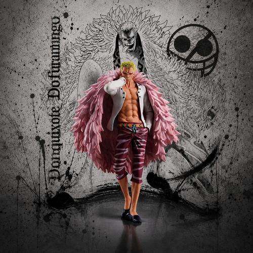 Donquixote Doflamingo Ichiban Kuji ONE PIECE MASTERLISE Prize D figure in commanding stance with pink feather coat, manga-style background with Heavenly Demon silhouette and Donquixote Pirates symbol, Bandai Namco collectible, ENISHI HOBBY
