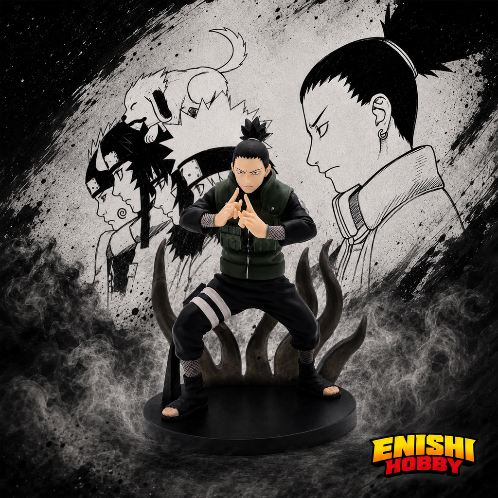 Shikamaru Nara Vibration Stars figure in Shadow Possession Jutsu pose with manga-style background, NARUTO Shippuden Banpresto collectible, ENISHI HOBBY
