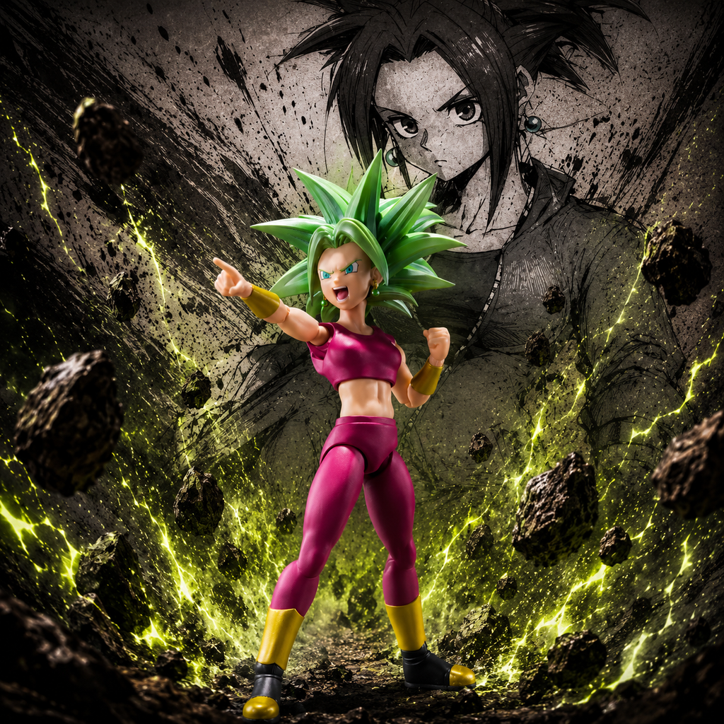 Super Saiyan Kefla S.H.Figuarts figure in battle stance with green lightning and manga-style Kale background – Dragon Ball Super Bandai Spirits