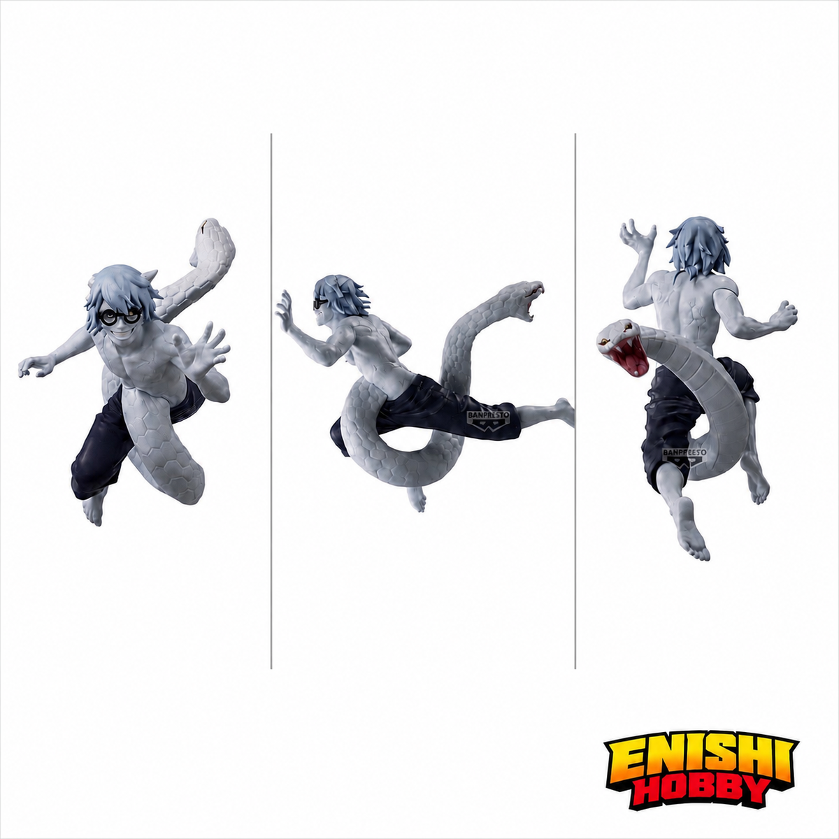 NARUTO Shippuden Vibration Stars Yakushi Kabuto figure shown from front, left side, and rear on white background revealing full grey serpentine scaled body, black round glasses, dark pants, large snake tail extending from back with open fang mouth, Banpresto Bandai Spirits collectible, ENISHI HOBBY
