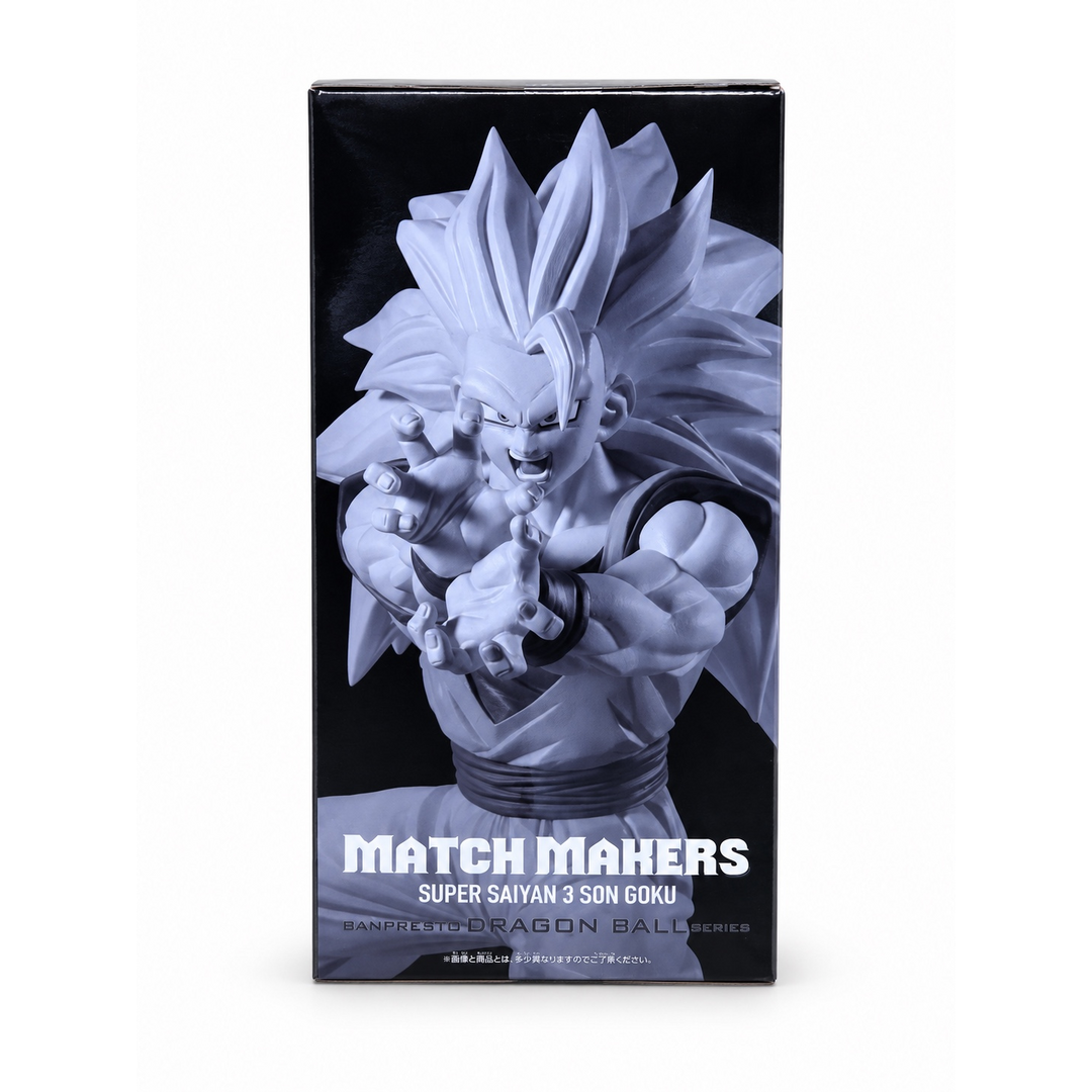 Dragon Ball Z Match Makers Super Saiyan 3 Son Goku figure box side panel with black background showing monochrome blue-grey sculpt render of Goku in powerful forward charge stance with arms extended and hair billowing, MATCH MAKERS SUPER SAIYAN 3 SON GOKU title and BANPRESTO DRAGON BALL SERIES text at bottom, Bandai Spirits
