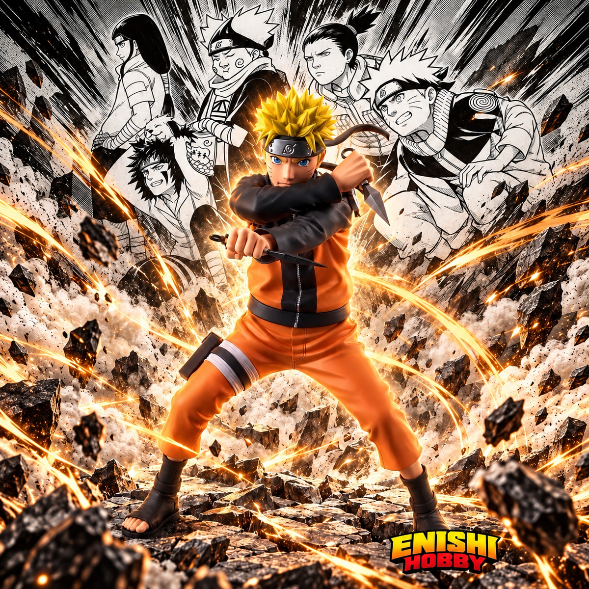 Naruto Uzumaki Grandista figure holding two kunai amid orange energy effects and manga-style artwork, with the ENISHI HOBBY logo.