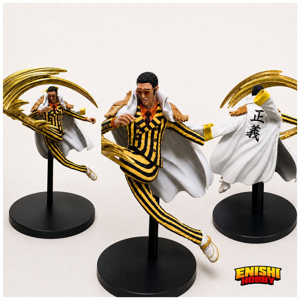 Borsalino Kizaru Battle Record Collection figure shown from front, side, and rear angles on white background revealing black and yellow striped suit, white Justice marine coat, and golden light blade effect, Banpresto ONE PIECE collectible, ENISHI HOBBY
