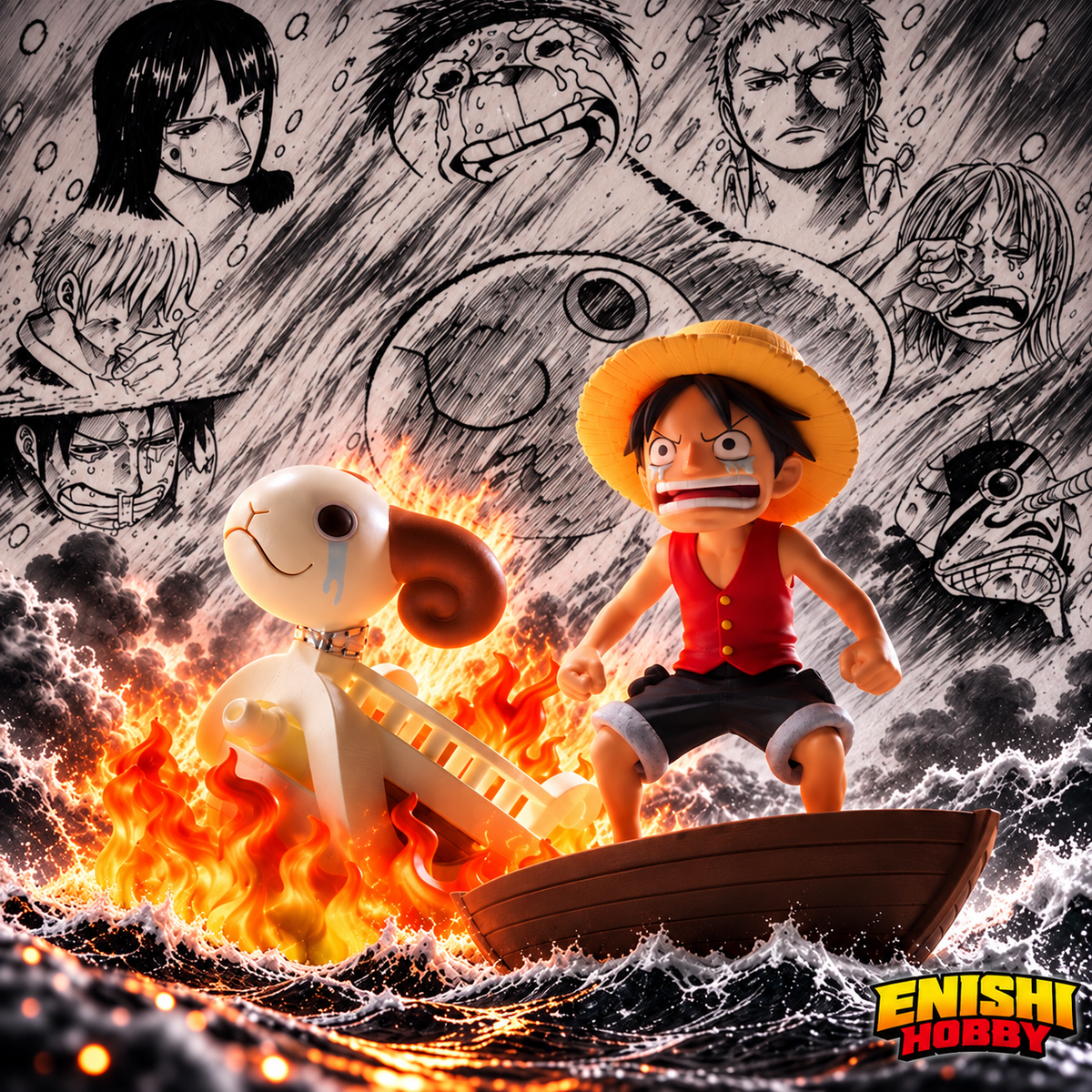 ONE PIECE WCF Log Stories Monkey D. Luffy and Going Merry farewell scene figure set showing chibi Luffy in red vest and straw hat standing on small wooden boat calling out, beside tearful Going Merry figurehead engulfed in flames on ocean waves, manga panel portraits of Nami Zoro Robin Sanji Chopper crying in background, ENISHI HOBBY
