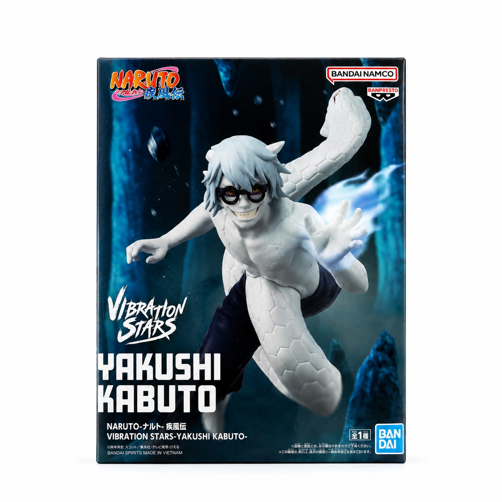 NARUTO Shippuden Vibration Stars Yakushi Kabuto figure box front with dark blue cave rock background showing Kabuto in serpent merged form leaping forward with right hand raised emitting white chakra glow, Vibration Stars brush logo center left, bold YAKUSHI KABUTO title at bottom, NARUTO Shippuden logo top left, Bandai Namco Banpresto logos top right, Bandai logo bottom right, all 1 type
