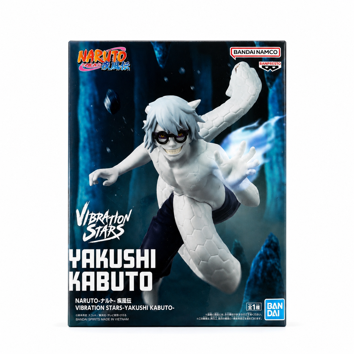 NARUTO Shippuden Vibration Stars Yakushi Kabuto figure box front with dark blue cave rock background showing Kabuto in serpent merged form leaping forward with right hand raised emitting white chakra glow, Vibration Stars brush logo center left, bold YAKUSHI KABUTO title at bottom, NARUTO Shippuden logo top left, Bandai Namco Banpresto logos top right, Bandai logo bottom right, all 1 type
