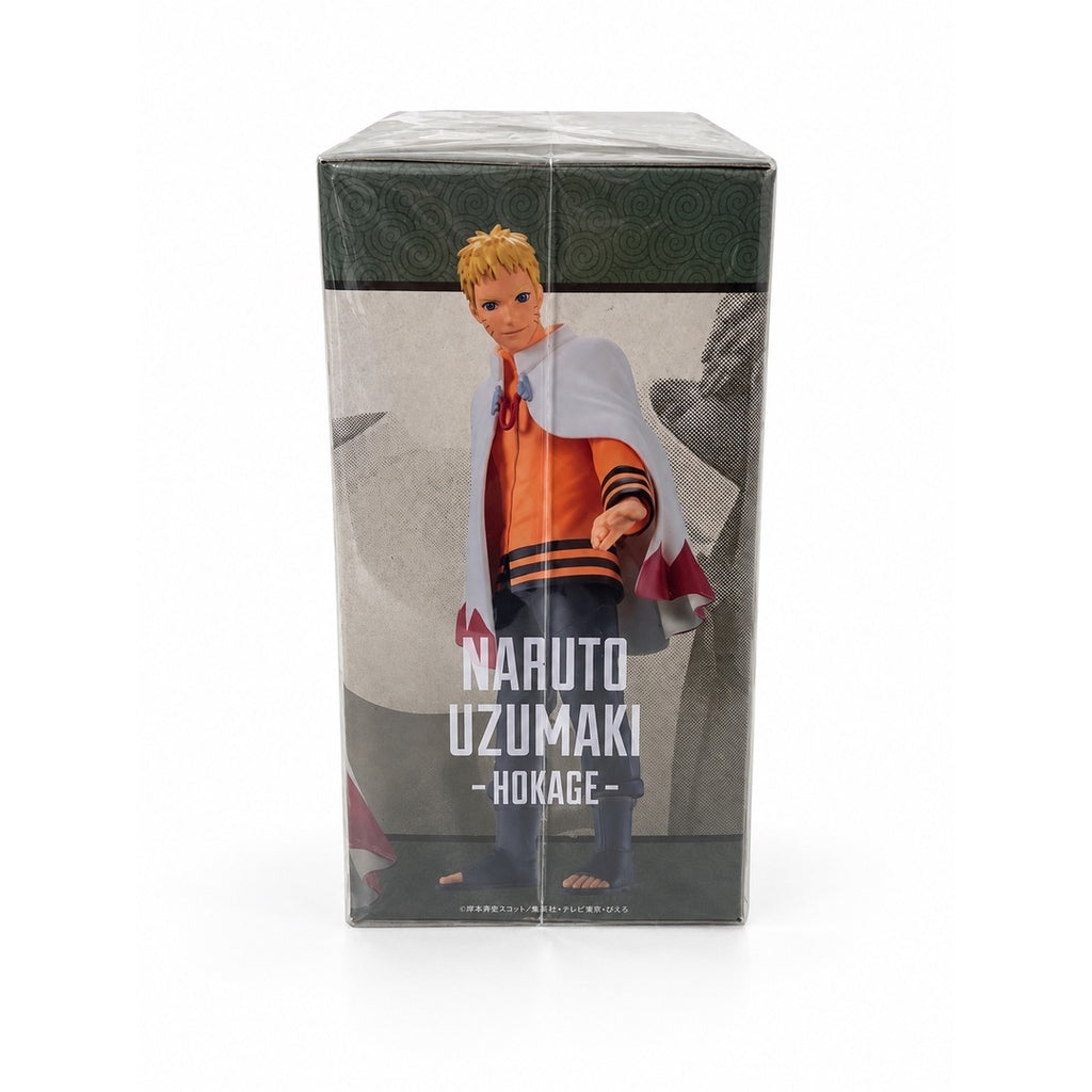 Side panel of the Naruto Uzumaki Hokage figure box featuring a full-body image of Naruto with one hand extended.
