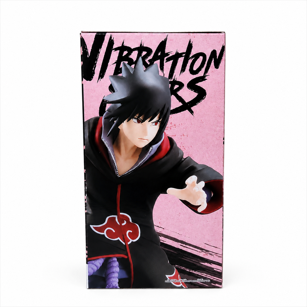 NARUTO Shippuden Vibration Stars Uchiha Sasuke II figure box side panel showing Sasuke portrait with Sharingan eyes in Akatsuki hood on pink background, Vibration Stars vertical text, Bandai Namco Banpresto
