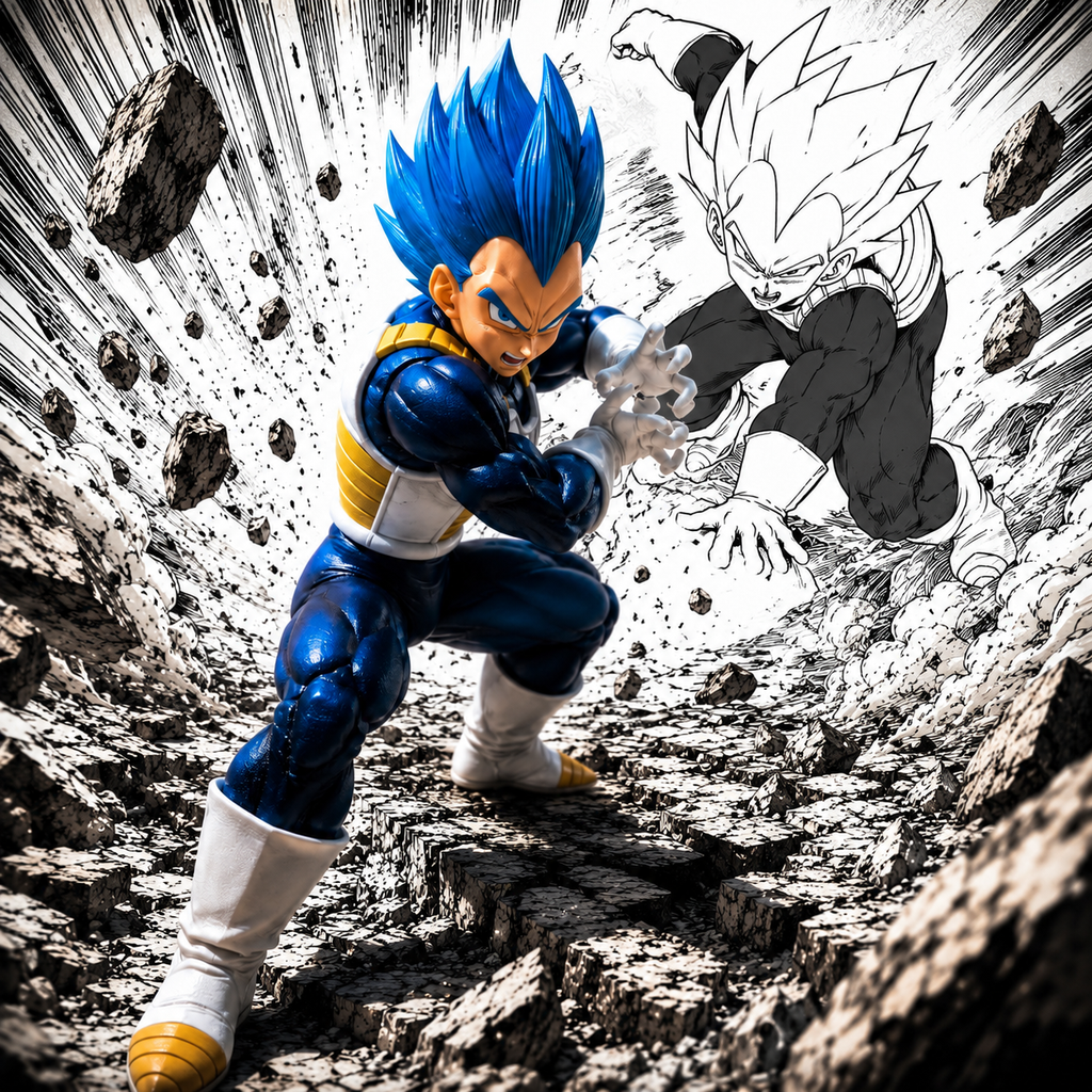 Super Saiyan God SS Vegeta Evolution figure in dynamic battle pose with manga-style background – Ichiban Kuji MASTERLISE by Bandai Spirits