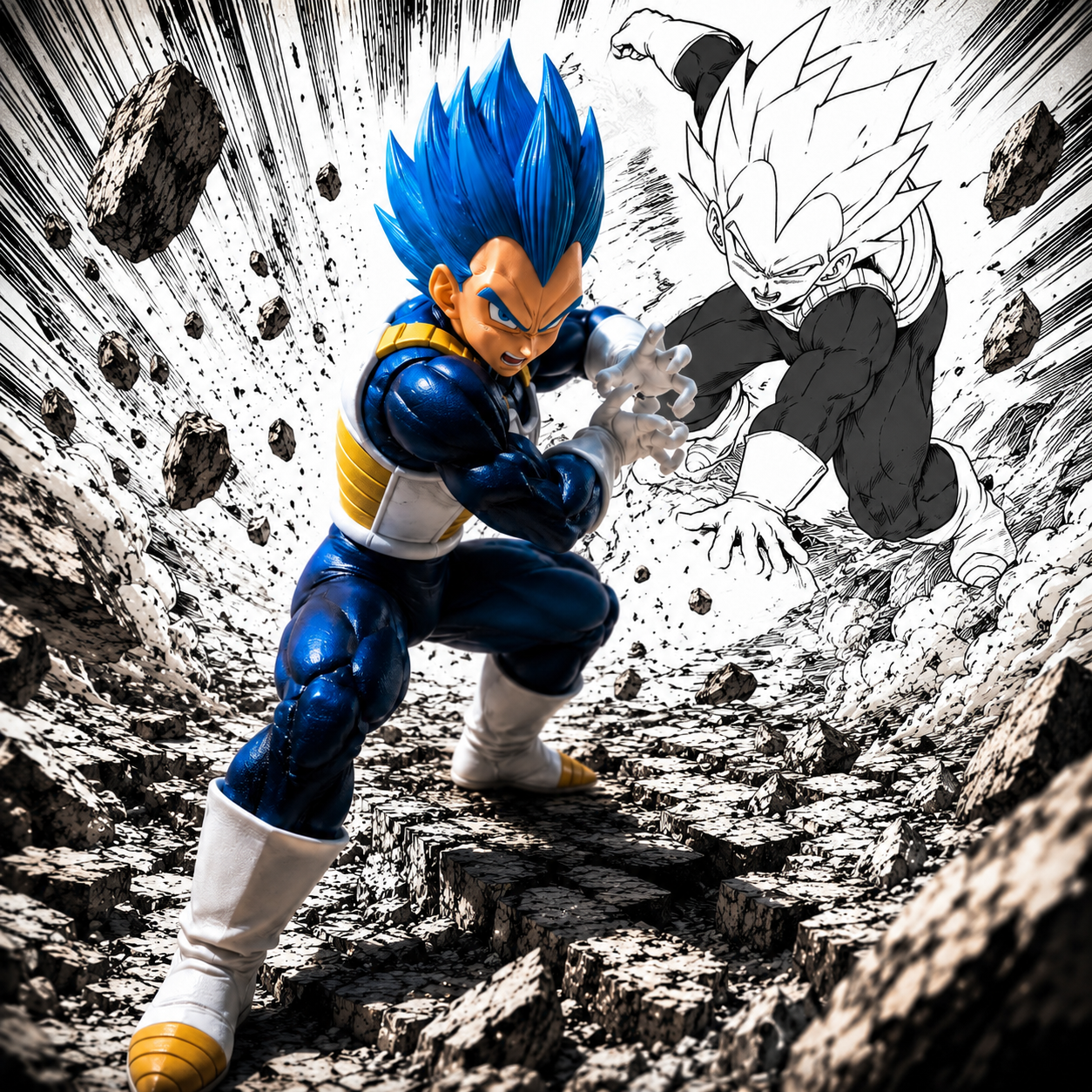 Super Saiyan God SS Vegeta Evolution figure in dynamic battle pose with manga-style background – Ichiban Kuji MASTERLISE by Bandai Spirits