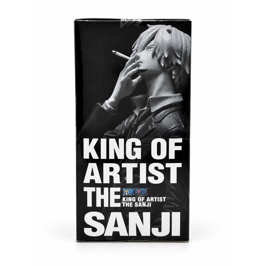 Side panel of the KING OF ARTIST THE SANJI box featuring a grayscale close-up of Sanji holding a cigarette.