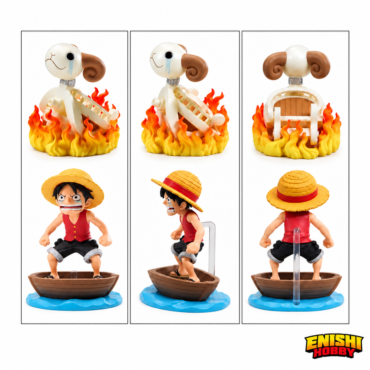 ONE PIECE WCF Log Stories figure set shown from front, side, and rear in two rows on white background: top row Going Merry figurehead with teardrop eye and white ribcage structure consumed by orange and yellow flames on round base; bottom row chibi Monkey D. Luffy in red vest black shorts straw hat standing on wooden rowboat with blue ocean wave base, Banpresto Bandai Spirits collectible, ENISHI HOBBY
