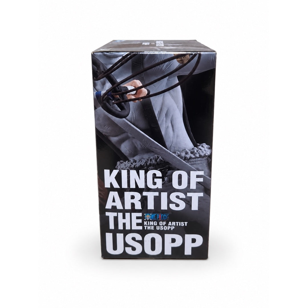 Side panel of the KING OF ARTIST THE USOPP box showing a grayscale close-up of Usopp's slingshot and torso.