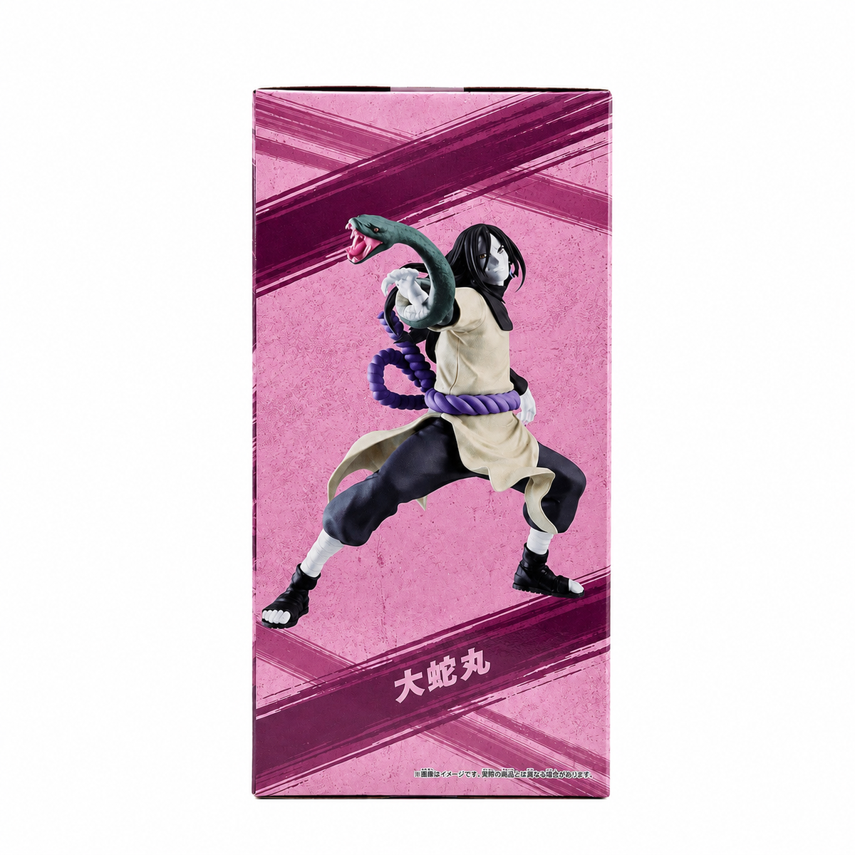 Side panel of the VIBRATION STARS Orochimaru box showing the full figure in a wide battle stance with a purple rope belt and snake.